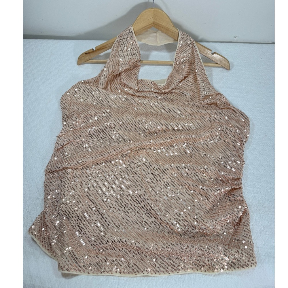 Coquette Gold Sequin Drape Halter Top Women 2XL Open Back Club festive Glam NEW